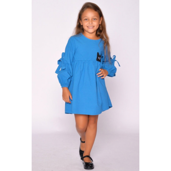 20-1182-3 "Мяу" Платье для девочки из поплина, 3-7 лет, голубой